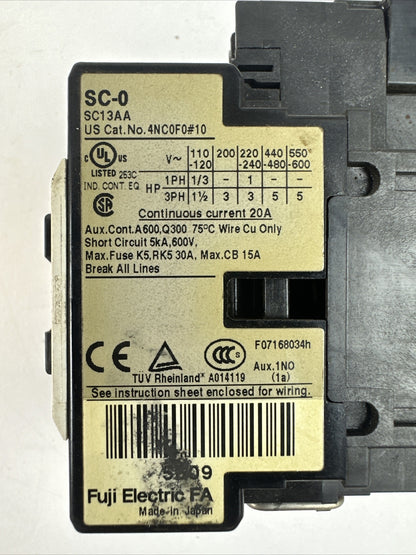 FUJI 4NC0F0#10 SC-0 CONTACTOR 3PH 5HP 600VAC COIL 100-110V 60HZ SZ-Z5