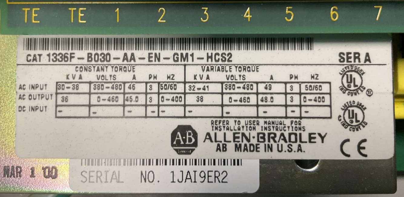 ALLEN BRADLEY 1336F-B030-AA-EN-GM1-HCS2 SER A 1336 PLUS SENSORLESS VECTOR DRIVE