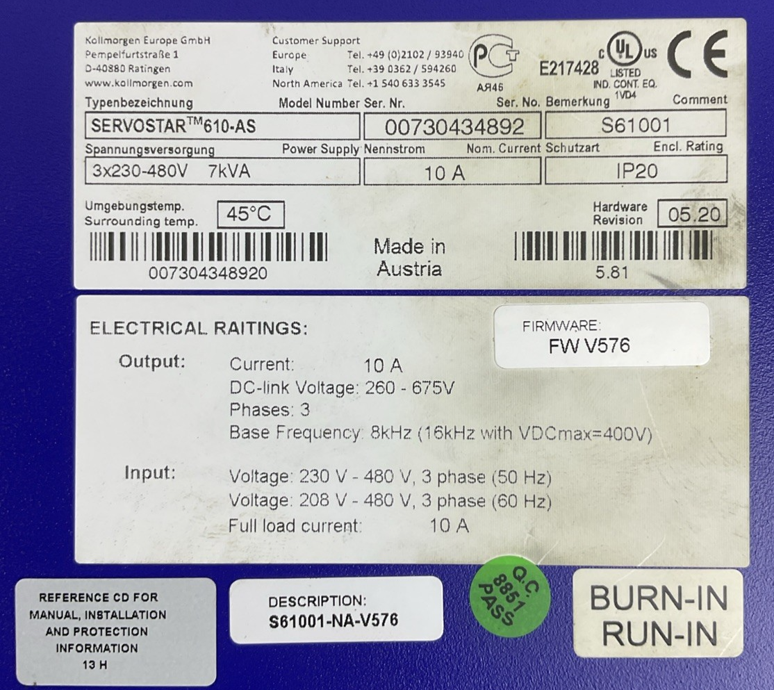 KOLLMORGEN SERVOSTAR 610-AS SERVO DRIVE OUTPUT DC-LINK VOLTAGE 260-675V 10A 3PH
