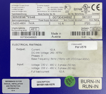 KOLLMORGEN SERVOSTAR 610-AS SERVO DRIVE OUTPUT DC-LINK VOLTAGE 260-675V 10A 3PH
