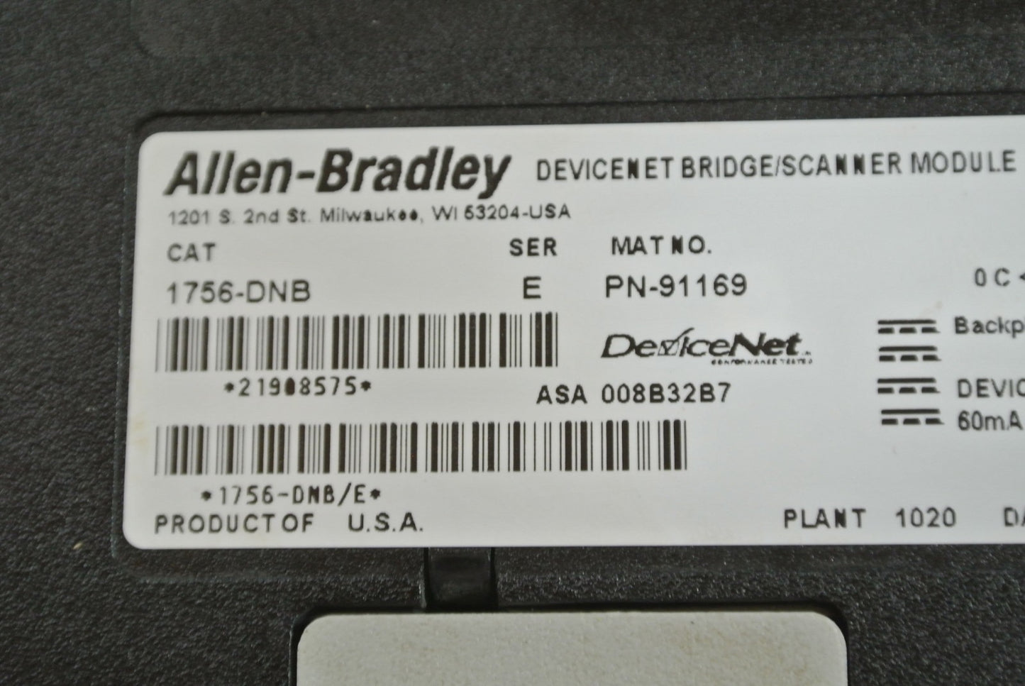 ALLEN-BRADLEY 1756-DNB DEVICENET BRIDGE SCANNER MODULE SER.E 25VDC