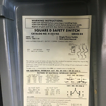 SQUARE D H322NA SAFETY SWITCH SER.D4 60A  FUSIBLE 600VAC/VDC 240VAC 15HP