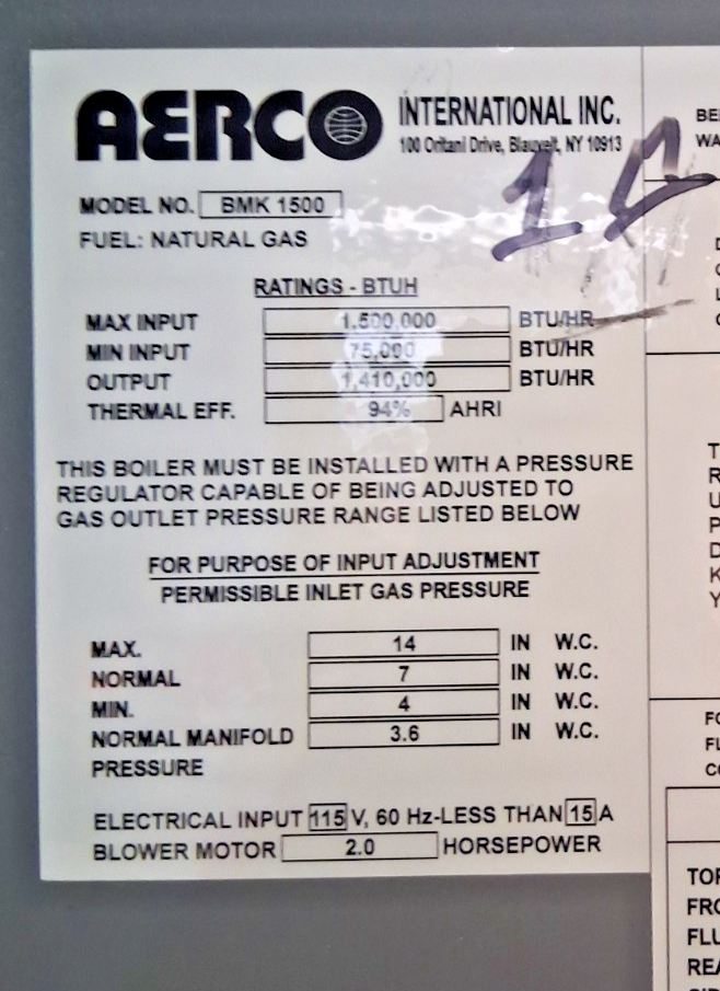 AERCO BMK1500 BOILER 1500MBH 107SQFT 44GALLON 160PSIG 115V 1500000BTU 15A 2HP