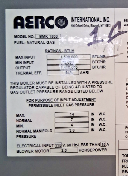 AERCO BMK1500 BOILER 1500MBH 107SQFT 44GALLON 160PSIG 115V 1500000BTU 15A 2HP