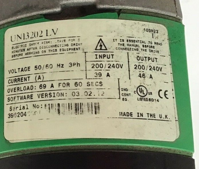 CONTROL TECHNIQUES UNI3203LV SPINDLE DRIVE 25HP 50/60HZ 3PH 240V 60A UNIDRIVE V3