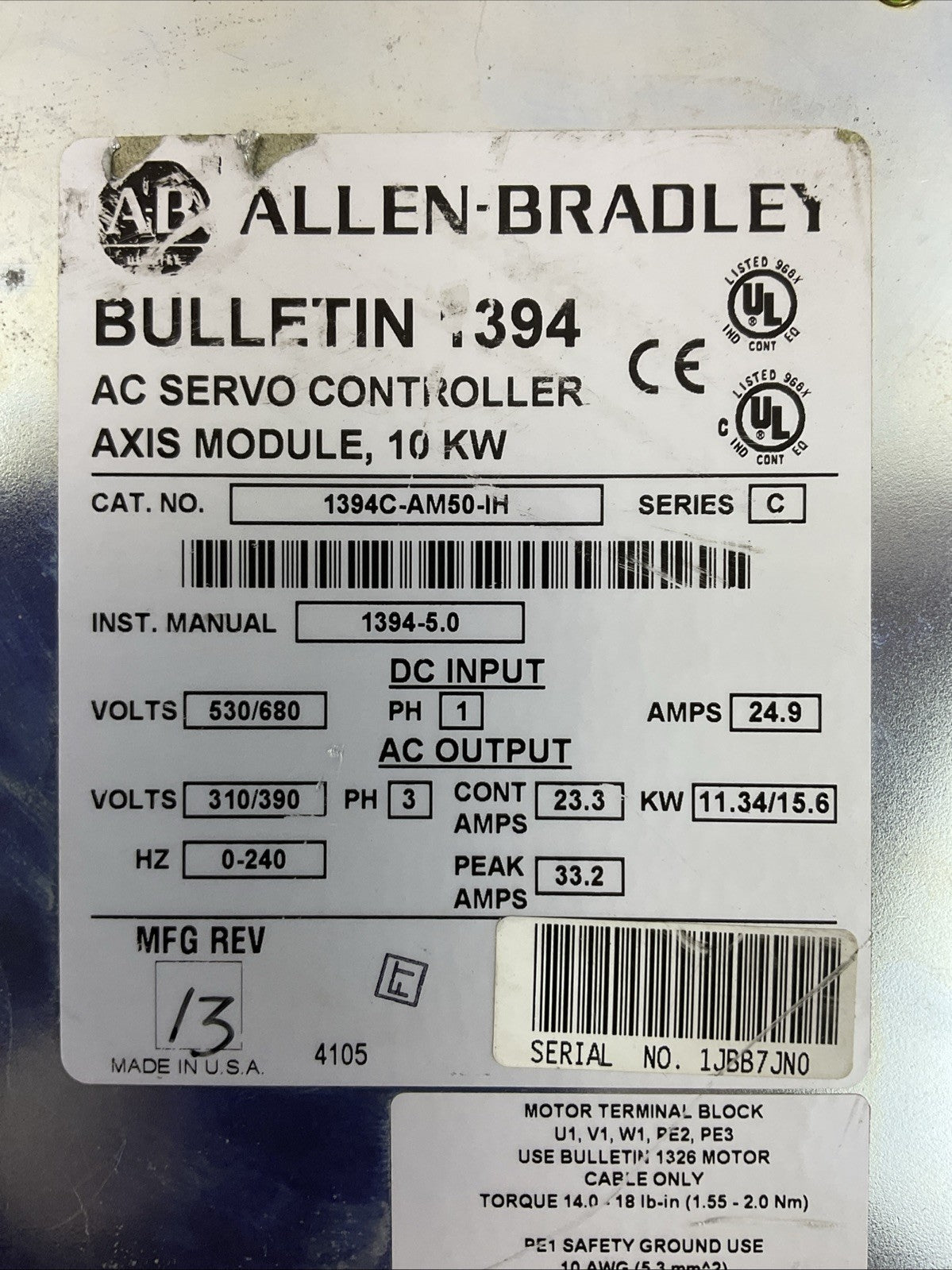 ALLEN BRADLEY 1394C-AM50-IH AC SERVO CONTROLLER SER C OUTPUT 310/390VAC INPUT