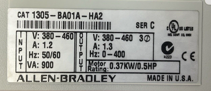 ALLEN BRADLEY 1305-BA01A-HA2 AC DRIVE SER C OUTPUT 380-460VAC 1.3A 0.37KW/0.5HP