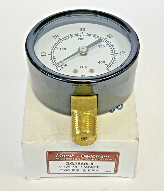MARSH/ BELLOFORM - GG2560L4- PRESSURE GAUGE - 2.5" DIAMETER, 1/4" NPT, 0-60 PSI