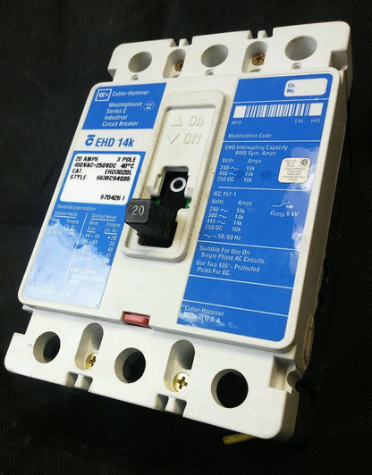 Cutler Hammer EHD EHD3020L 20 Amp 3 Pole 480 VAC 250 VDC Circuit Breaker