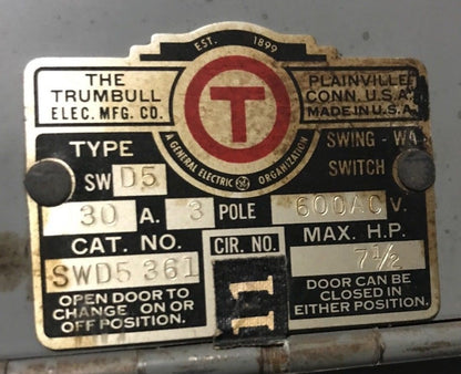 TRUMBULL ELECTRIC SWD5 361 FUSIBLE PANEL SWITCH 600VAC, 30AMP, 3 POLE (SWD5361)
