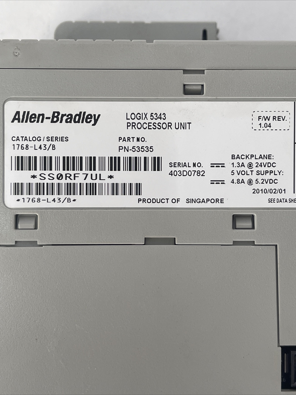 ALLEN BRADLEY 1768-L43 LOGIX 5343 PROCESSOR UNIT SER B F/W REV 1.04 BACKPLANE