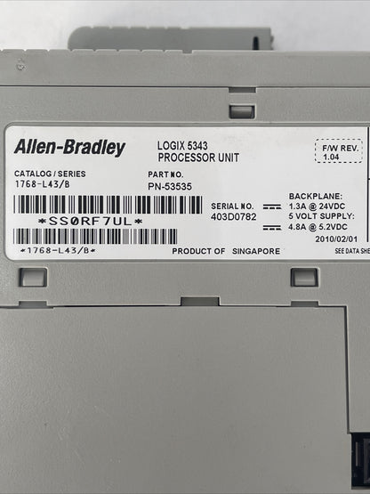 ALLEN BRADLEY 1768-L43 LOGIX 5343 PROCESSOR UNIT SER B F/W REV 1.04 BACKPLANE