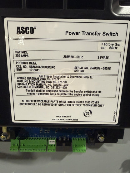 ASCO D03ATSA30200CGXC 200A 208V  3P AUTOMATIC TRANSFER SWITCH 50-60HZ