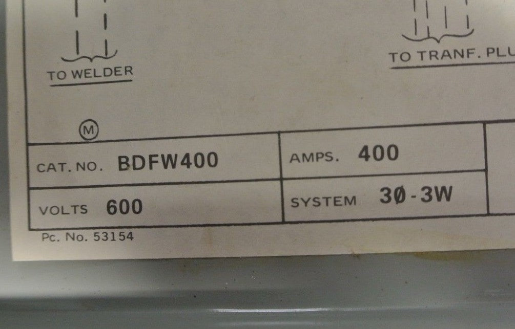 SIEMENS BDFW400 WELDER BUS PLUG w/ JXD63S400A BREAKER 600V, 400A, 3-PHASE, 3WIRE
