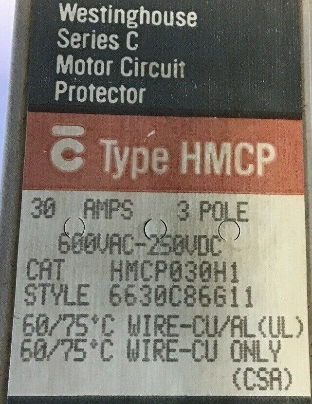 WESTINGHOUSE HMCP030H1 CIRCUIT PROTECTOR  SER.C 30AMP 3POLE 600VAC-250VDC
