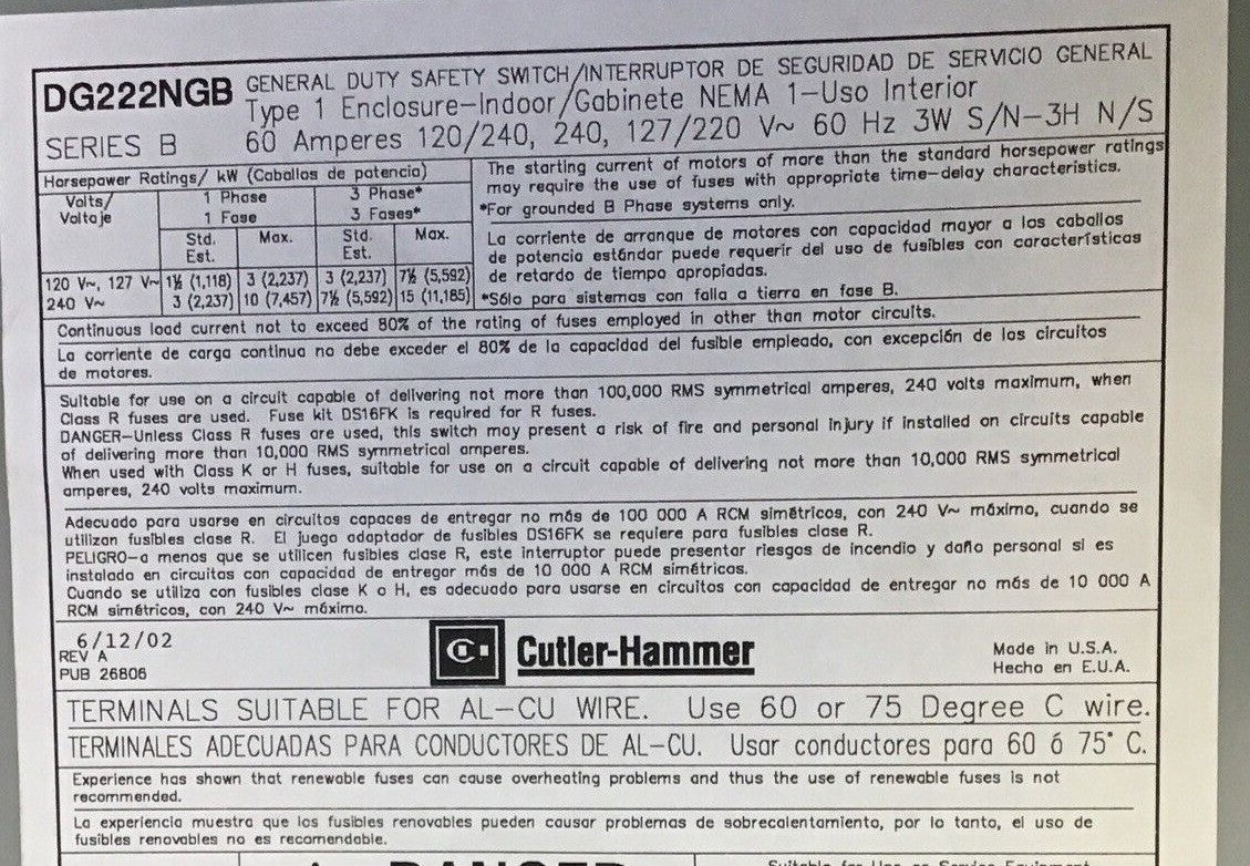 CUTLER HAMMER DG222NGB GENERAL DUTY SAFETY SWITCH 60A 240V INDOOR