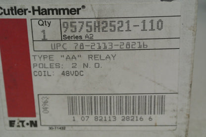 CUTLER-HAMMER 9575H2521-110 TYPE AA RELAY 48VDC 2 N.O. / 9675H2521A NEW SURPLUS