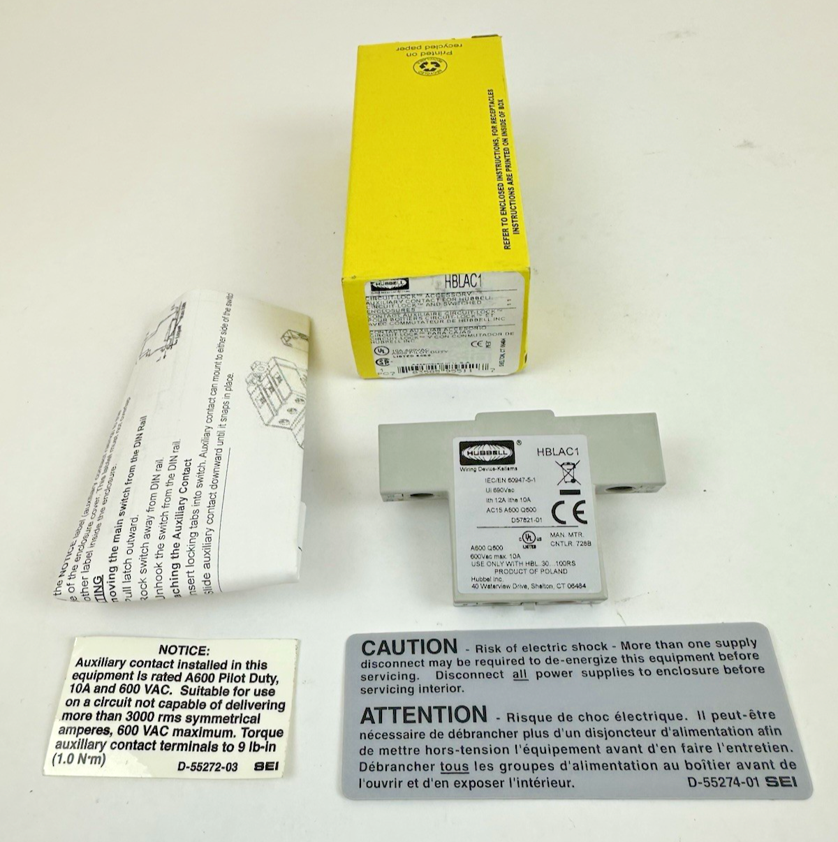 HUBBELL HBLAC1 CIRCUIT-LOCK AUXILIARY CONTACT 10A 600VAC