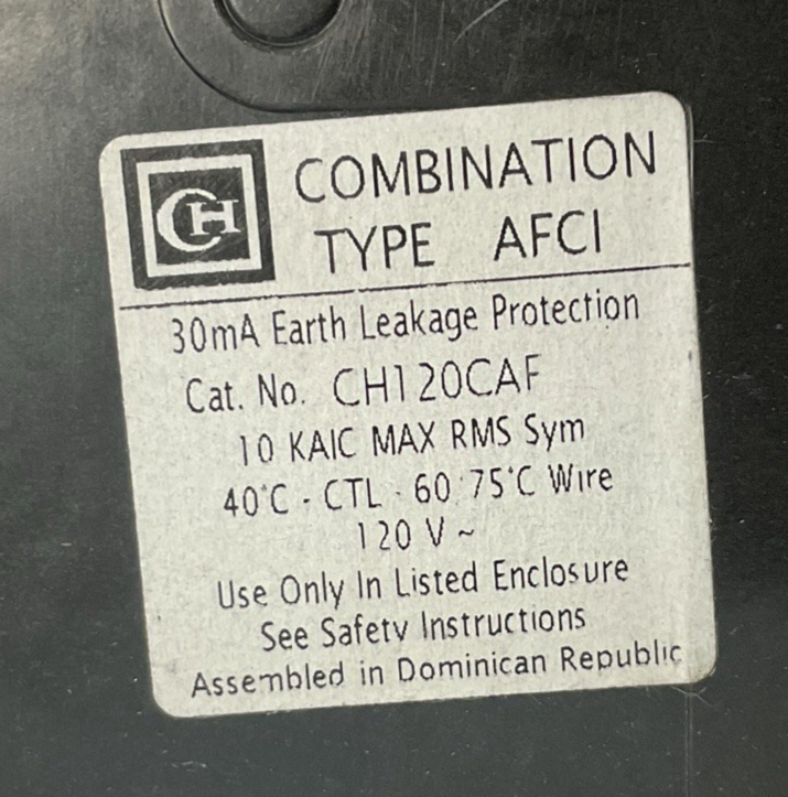 EATON CUTLER HAMMER CH120CAF 20A CIRCUIT BREAKER 120VAC 1P