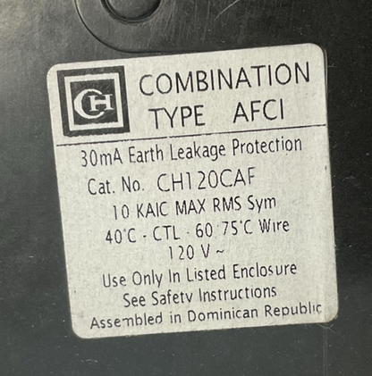 EATON CUTLER HAMMER CH120CAF 20A CIRCUIT BREAKER 120VAC 1P