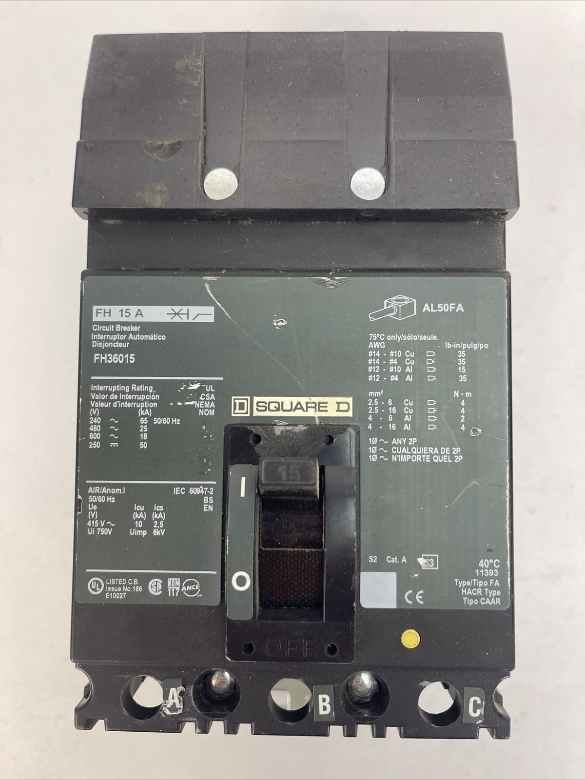 SQUARE D FH36015 CIRCUIT BREAKER 600VAC 250VDC 15AMP 3POLE