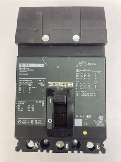 SQUARE D FH36015 CIRCUIT BREAKER 600VAC 250VDC 15AMP 3POLE