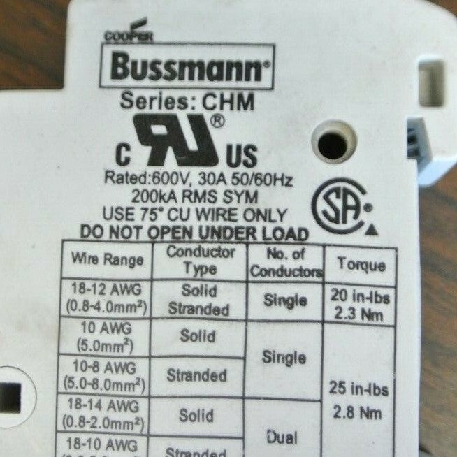 BUSSMANN CHM SERIES FUSE HOLDER / 600V, 30A, 50/60Hz w/o fuses ***LOTOF7***