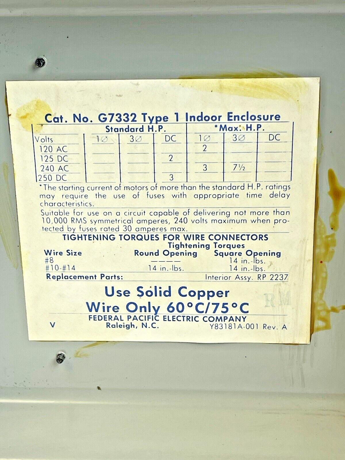FEDERAL PACIFIC - G7332 - ENCLOSED SWITCH - 30 AMP, 3 POLE, 240 VAC, NEMA TYPE 1