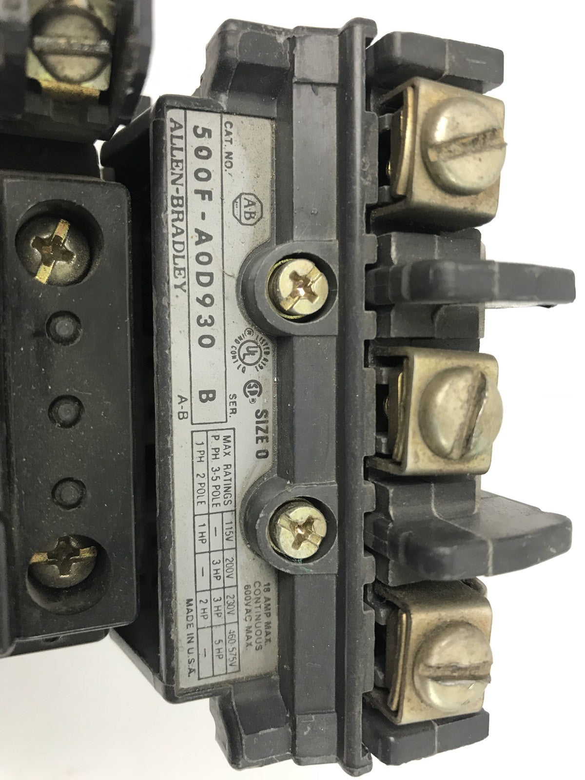Allen Bradley 500F-A0D930 Series B Size 0 Coil 18 Amp Max Continuous 600V AC Max