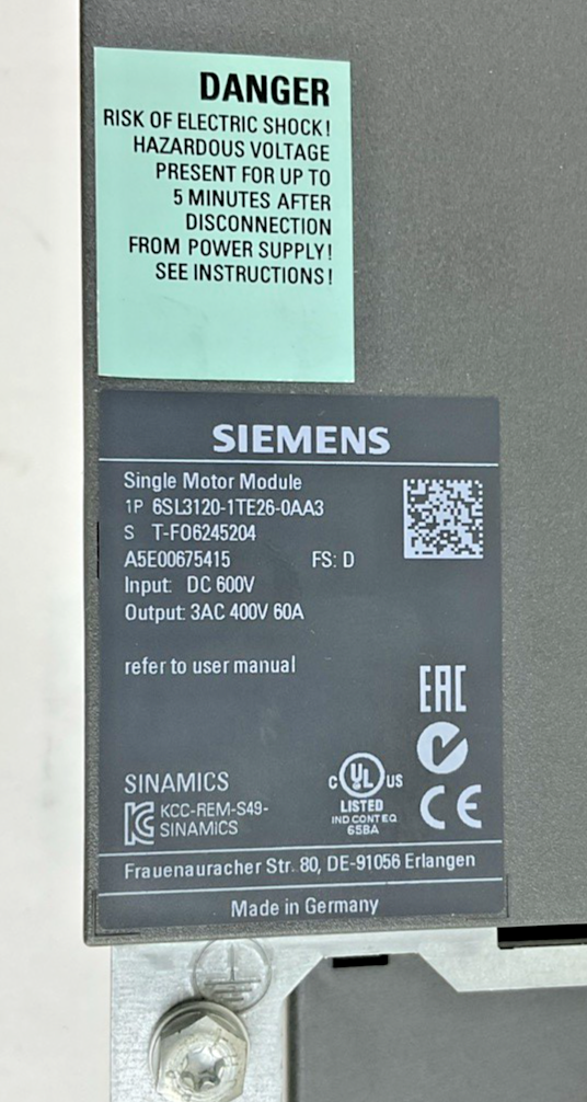 SIEMENS 6SL3120-1TE26-0AA3 SINGLE MOTOR MODULE 600VDC 60A FS:D