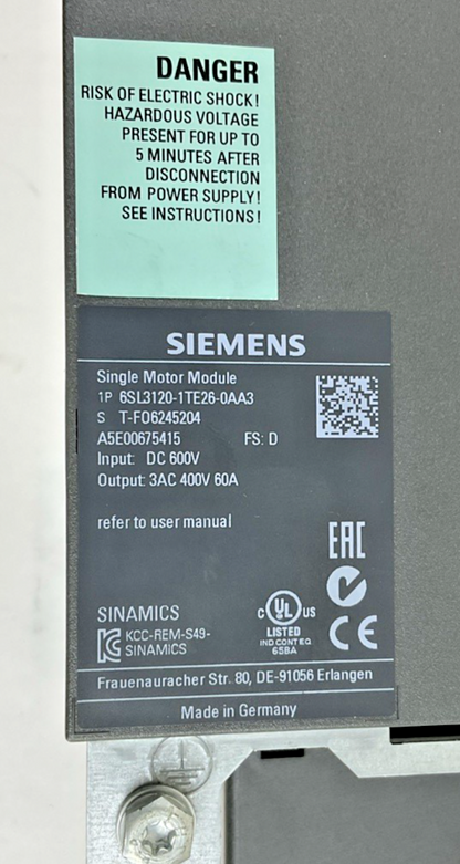 SIEMENS 6SL3120-1TE26-0AA3 SINGLE MOTOR MODULE 600VDC 60A FS:D