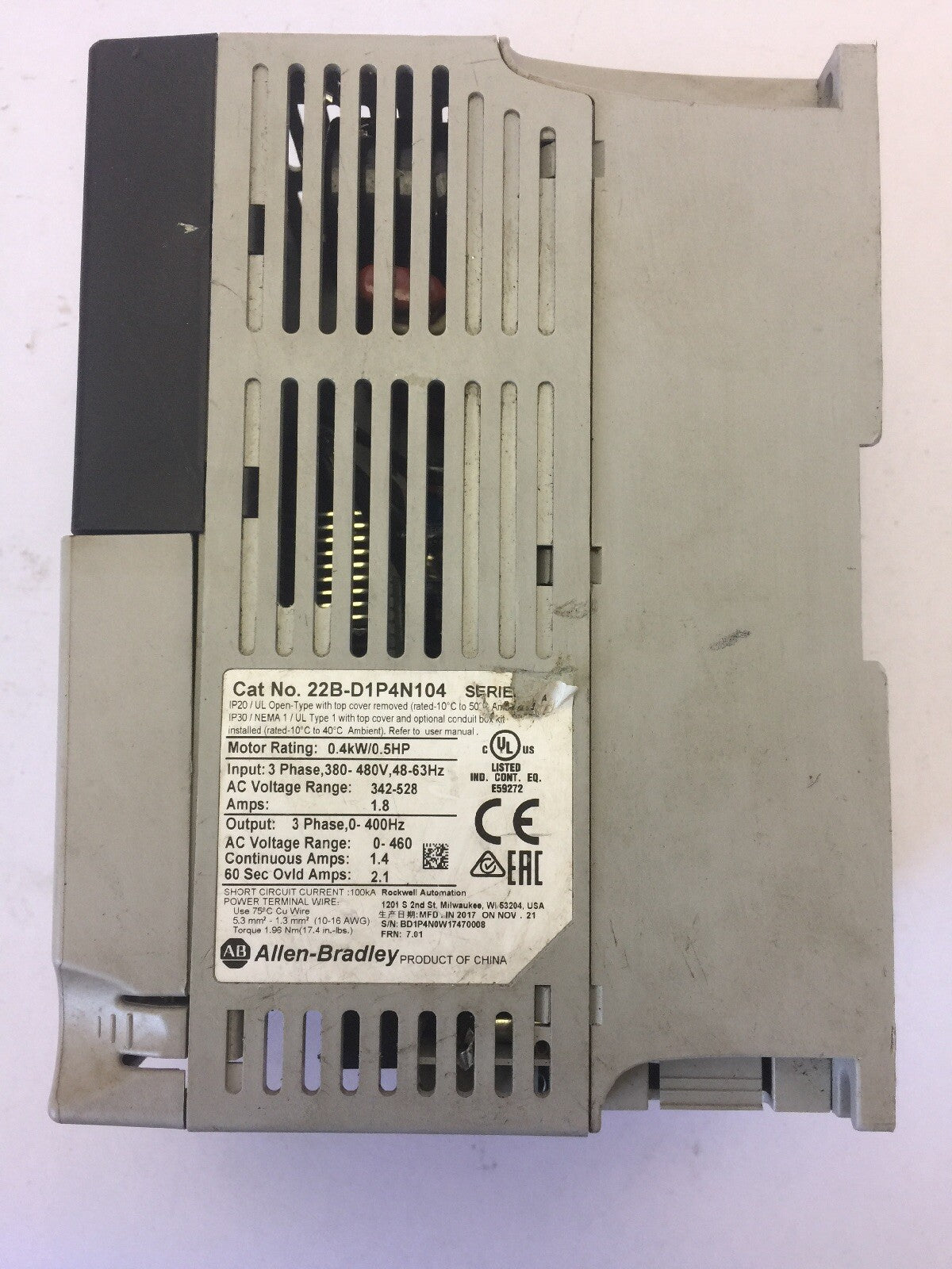 ALLEN BRADLEY 20BD1P4N104 AC DRIVE INPUT 380-480VAC OUTPUT 0-460VAC 3PHASE 2.1A