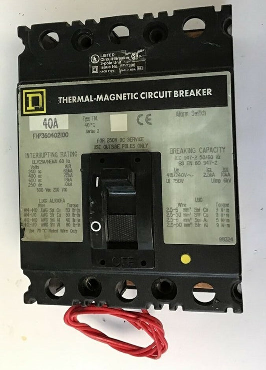 SQUARE D FHP360402100 CIRCUIT BREAKER 40A 600VAC 250VDC 3POLE