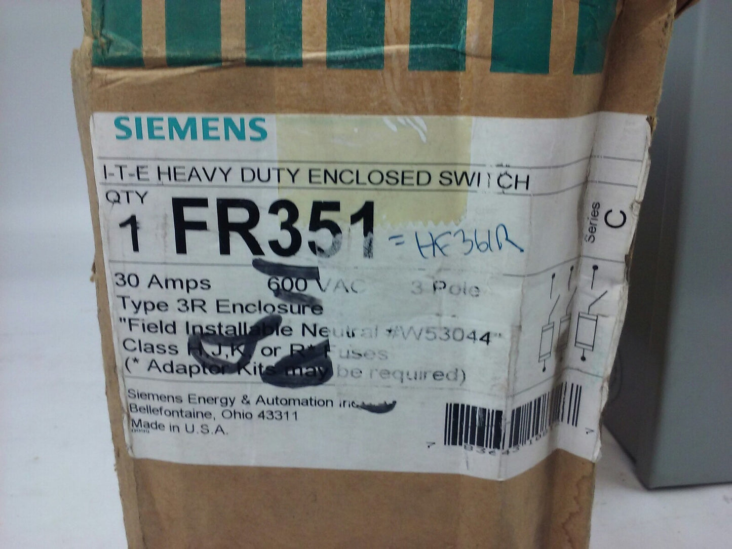 ITE SIEMENS FR351 SER. C, H.D. ENCLOSED SWITCH, 30A, 600V, 3P, 3PH, TYPE 3R,NEW