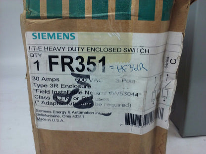 ITE SIEMENS FR351 SER. C, H.D. ENCLOSED SWITCH, 30A, 600V, 3P, 3PH, TYPE 3R,NEW