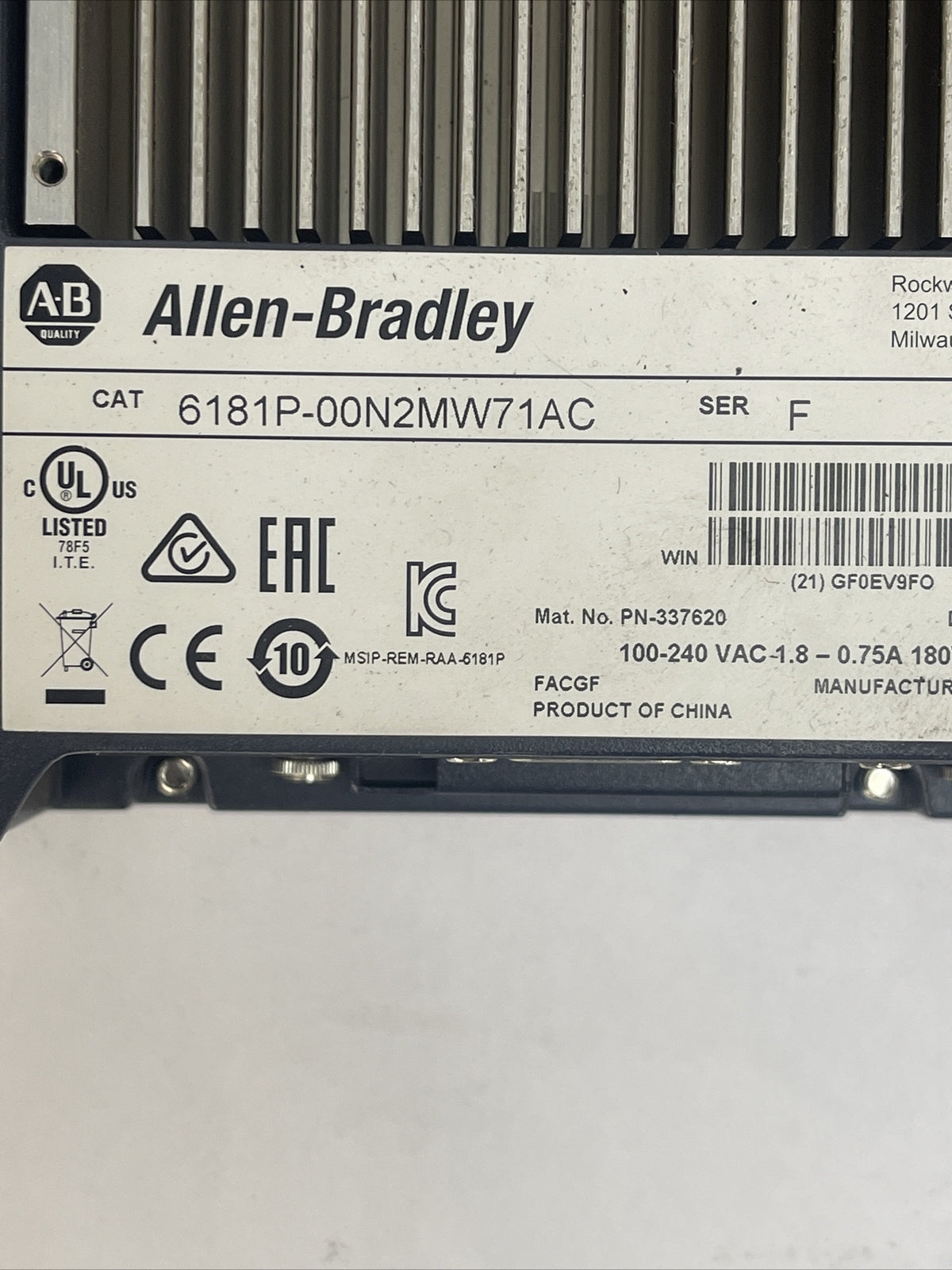 ALLEN BRADLEY 6181P-00N2MW71AC NON-DISPLAY INDUSTRIAL COMPUTER SER F 100-240VAC