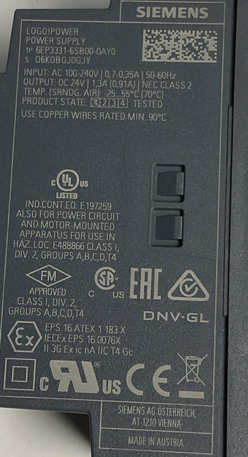 SIEMENS 6EP3331-6SB00-0AY0 POWER SUPPLY 24VDC 1.3A 240VAC
