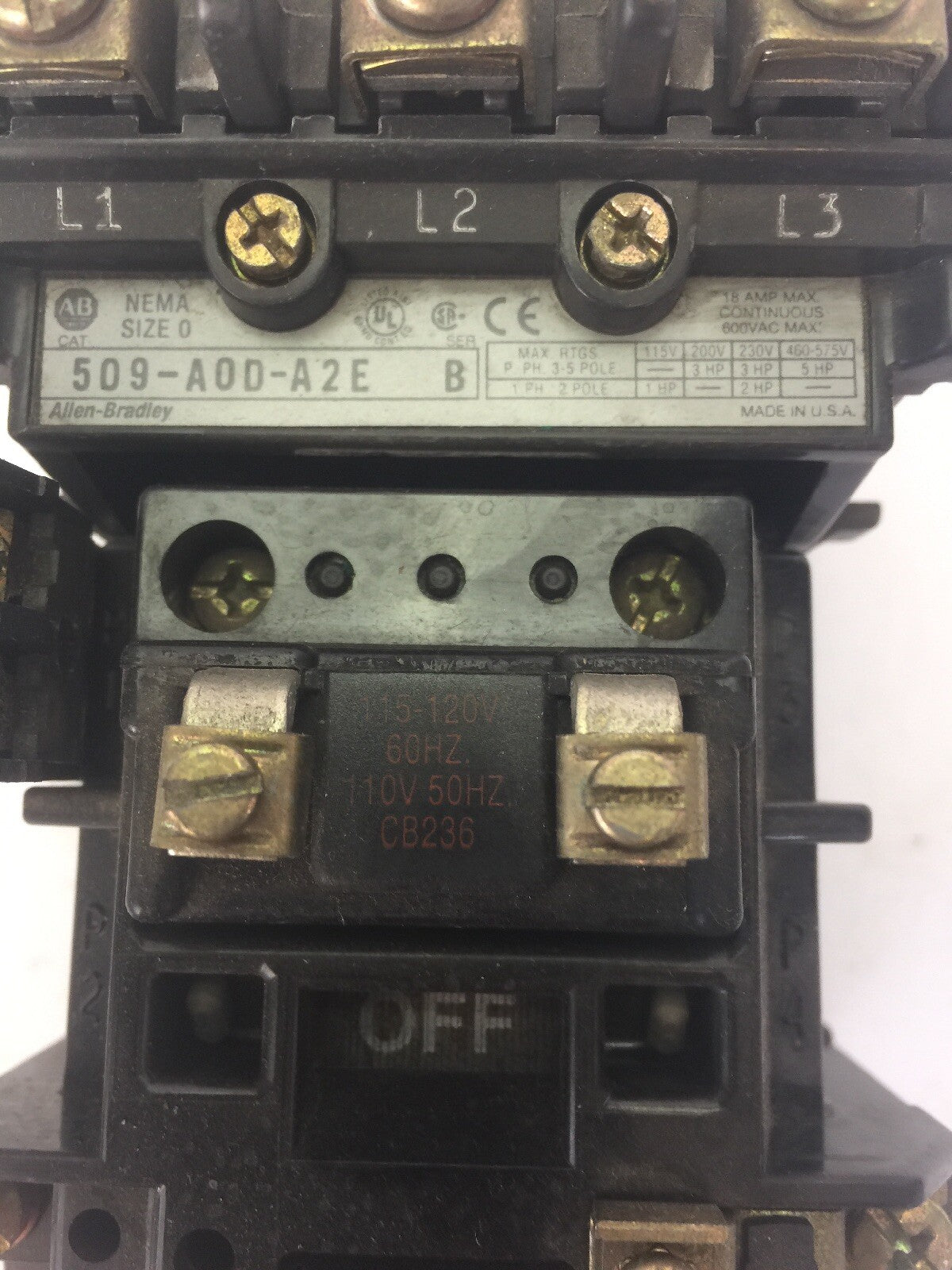 ALLEN BRADLEY 509-A0D-A2E SIZE 0 CONTACTOR 600VAC 18AMP SER B 5HP COIL 115-120V