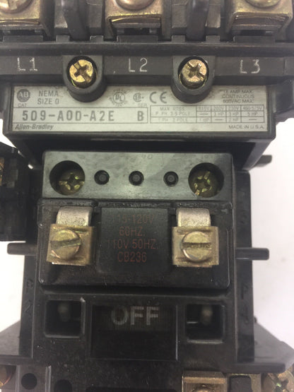ALLEN BRADLEY 509-A0D-A2E SIZE 0 CONTACTOR 600VAC 18AMP SER B 5HP COIL 115-120V