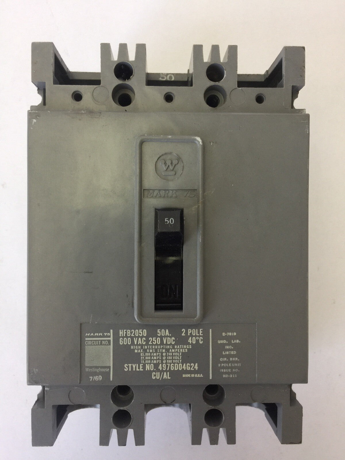 WESTINGHOUSE HFB2050 CIRCUIT BREAKER 50AMP 600VAC 250VDC 2POLE 4976D04G24