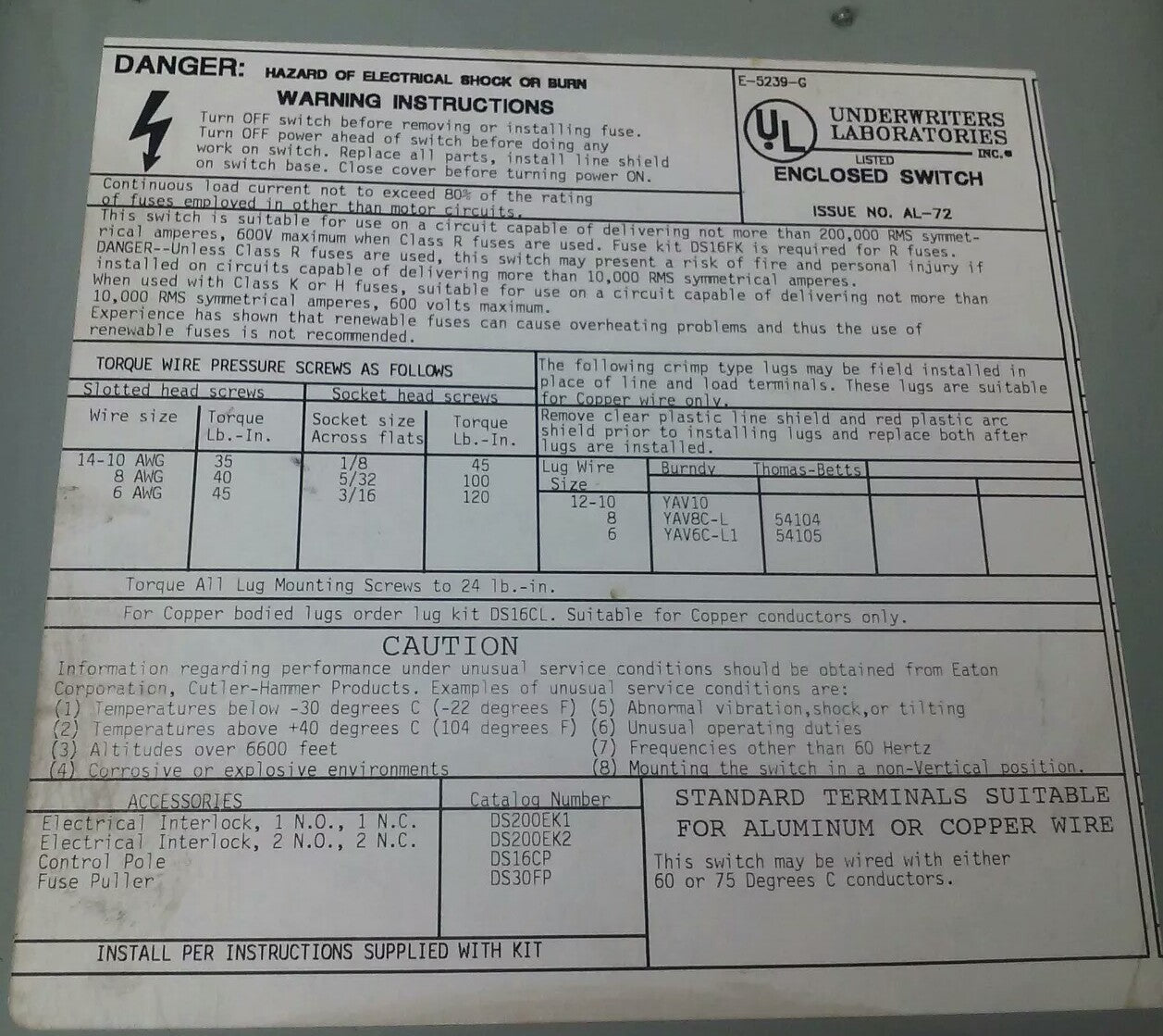 CUTLER HAMMER DH361FGK FUSIBLE SAFETY SWITCH 3P 30A 600VAC 20HP TYPE 1 ENCLOSURE