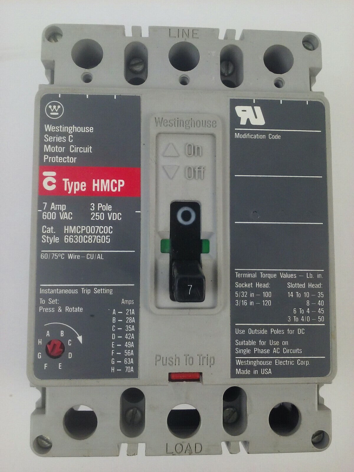 WESTINGHOUSE HMCP007COC SER.C MOTOR CIRCUIT PROTECTOR TRIP UNIT 7A 3P 600V