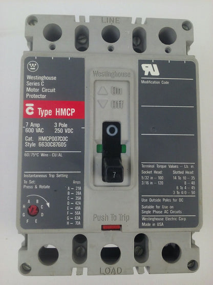 WESTINGHOUSE HMCP007COC SER.C MOTOR CIRCUIT PROTECTOR TRIP UNIT 7A 3P 600V