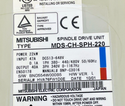 MITSUBISHI MDS-CH-SPH-220 SERVO DRIVE UNIT 22KW 1167HZ H/W VER.L 47A 648V