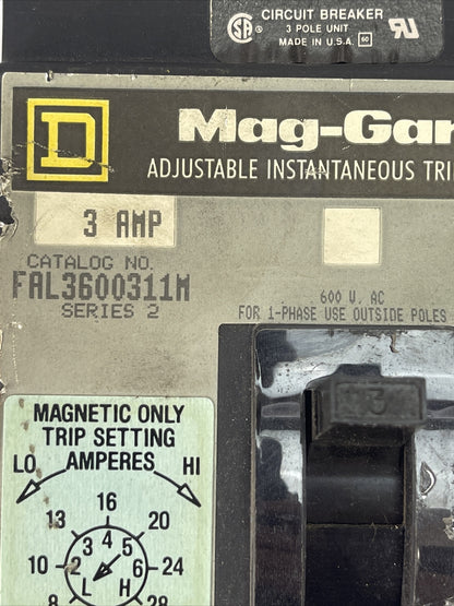 SQUARE D FAL3600311M ADJ. INST. TRIP CIRCUIT BREAKER 3AMP 600VAC 3P SER 2 8-28A