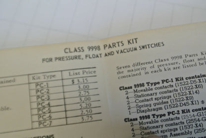 SQUARE D / 9998 PC-6 REPLACEMENT CONTACT KIT for 9013 TYPE JSG / NEW SURPLUS