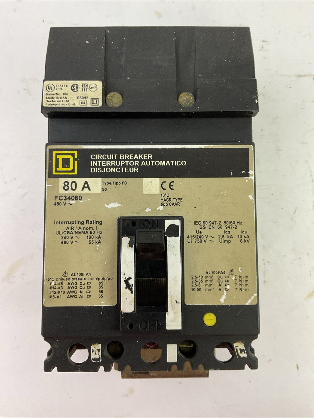 SQUARE D FC34080 CIRCUIT BREAKER 480VAC 3POLE 80AMP