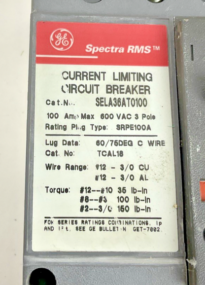 GE SELA36AT0100 CIRCUIT BREAKER 100A 600VAC 3POLE W/SRPE100A100 TRIP