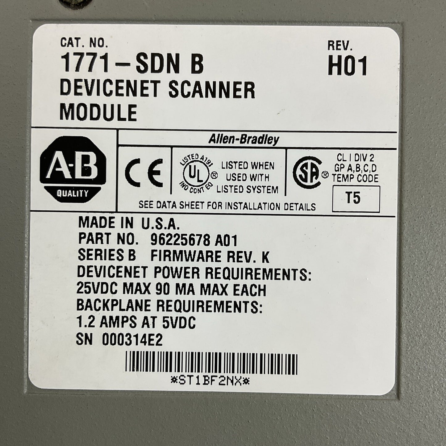 ALLEN BRADLEY 1771-SDN SER B REV H01 DEVICENET SCANNER MODULE FIRMWARE REV K