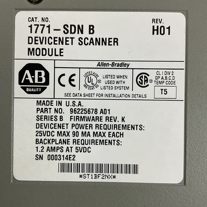 ALLEN BRADLEY 1771-SDN SER B REV H01 DEVICENET SCANNER MODULE FIRMWARE REV K